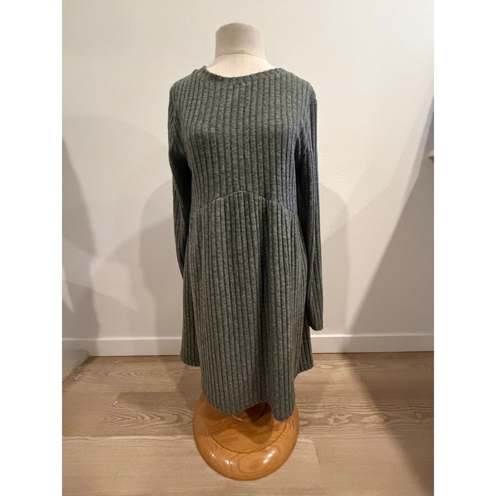 Ofeefan Ribbed Knit Long Sleeve A-Line Dress Olive Green XL NWT